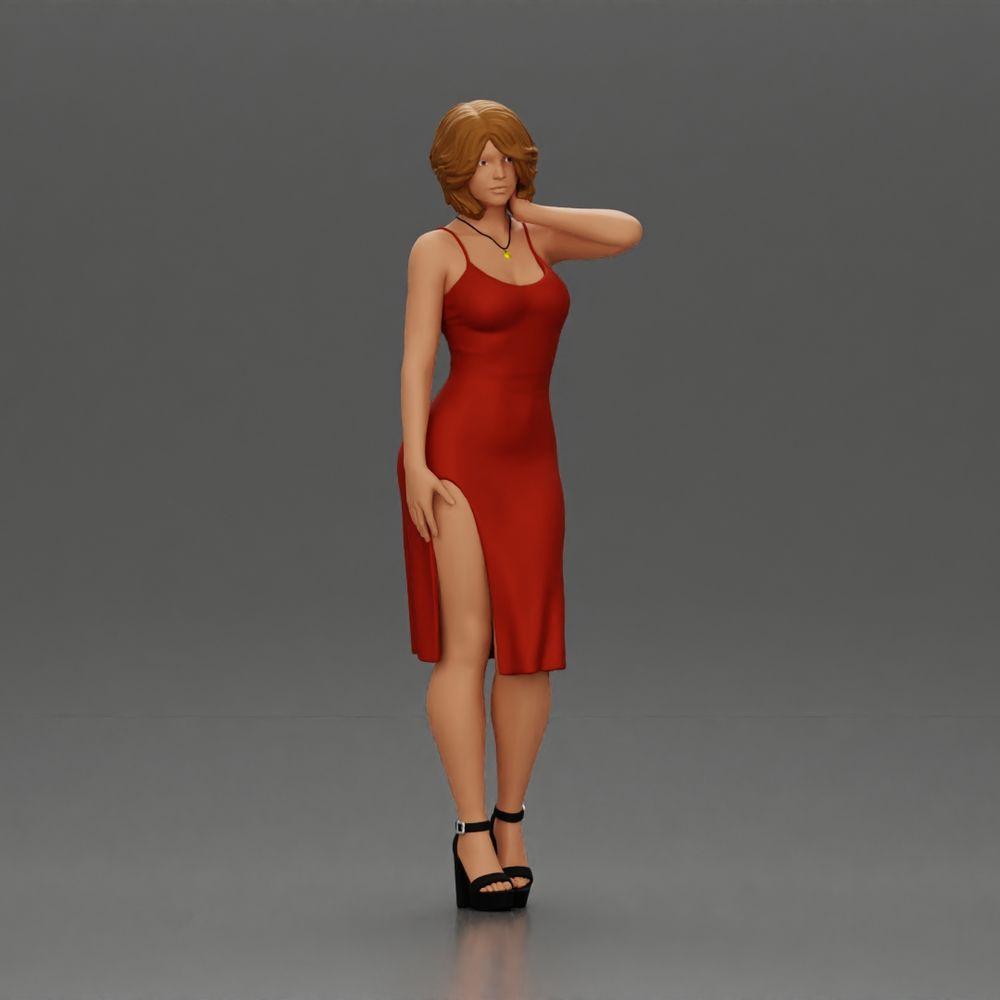 Diorama modélisme photo produit 0 : Figurine diorama féminine en mini-robe, cheveux courts, main sur le cou, collier (Ref Nr. A99)
