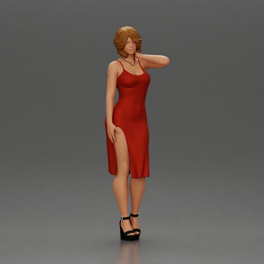 Diorama modélisme photo produit 0 : Figurine diorama féminine en mini-robe, cheveux courts, main sur le cou, collier (Ref Nr. A99)