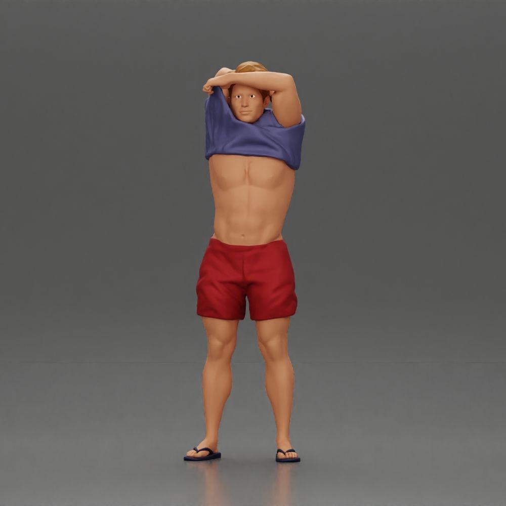 Diorama modélisme photo produit 0 : Figurine debout : homme musclé en short tirant un T-shirt par-dessus la tête (Ref Nr. A90)