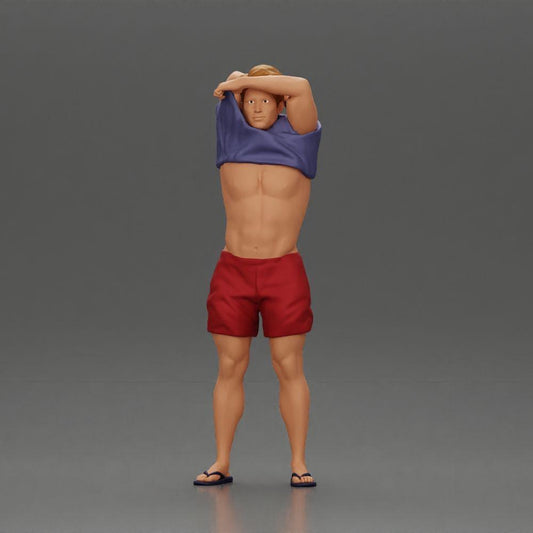 Diorama modélisme photo produit 0 : Figurine debout : homme musclé en short tirant un T-shirt par-dessus la tête (Ref Nr. A90)