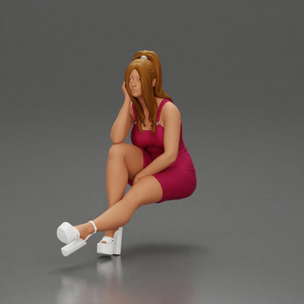 Diorama modélisme photo produit 0 : Figurine diorama : Miniature diorama femme assise en robe rose, main sur la joue, chaussures à plateforme (Ref Nr. A131)