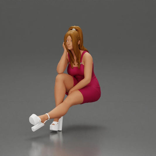 Diorama modélisme photo produit 0 : Figurine diorama : Miniature diorama femme assise en robe rose, main sur la joue, chaussures à plateforme (Ref Nr. A131)