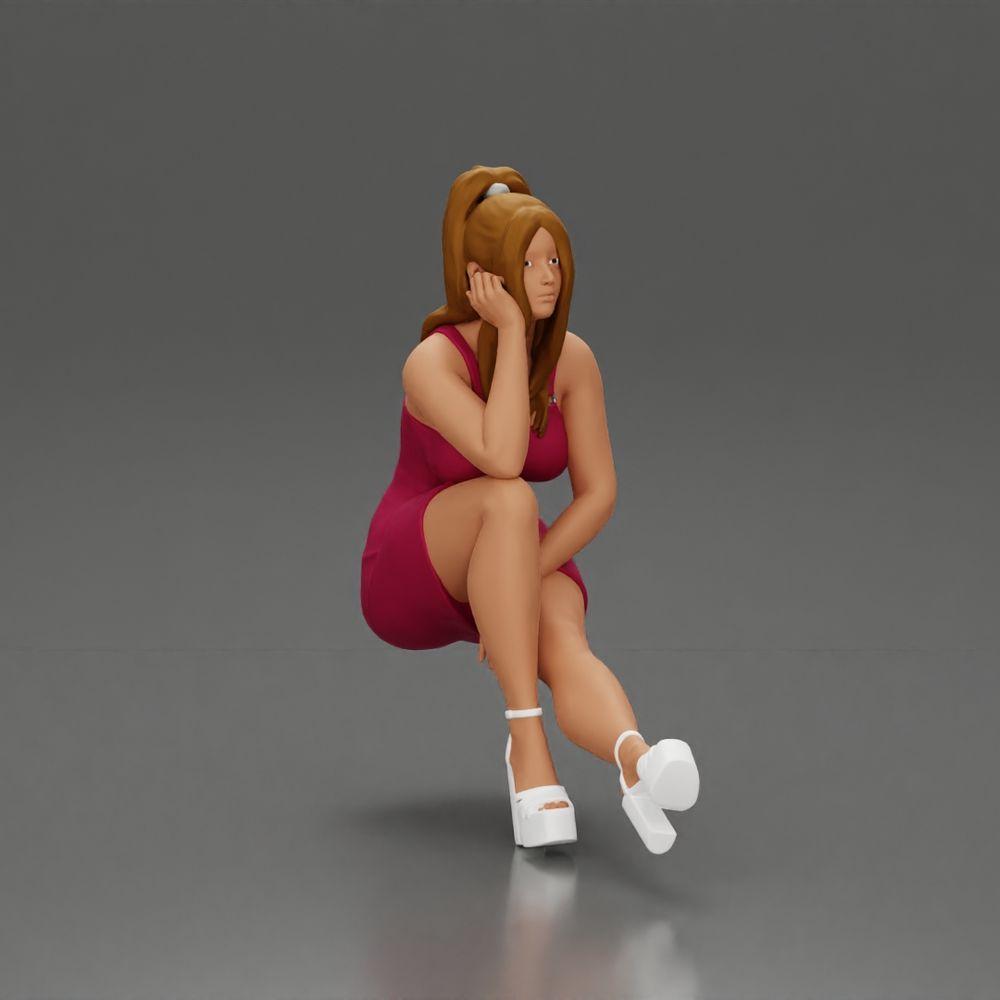 Diorama Modélisme Photo de produit 1 : Figurine de diorama : Miniature de diorama femme assise en robe rose, main sur la joue, chaussures à plateforme (Ref Nr. A131)