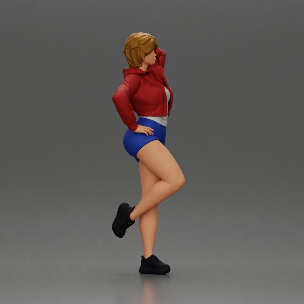 Diorama modélisme photo produit 1 : Miniature féminine avec cheveux courts, veste et shorts, adossée à une voiture (Ref Nr. A67)