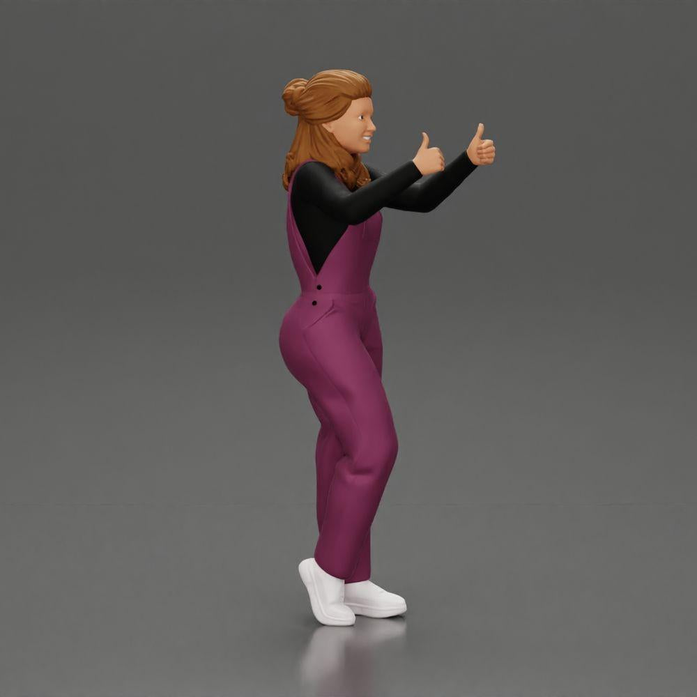 Diorama modélisme photo produit 1 : Fille souriante en salopette, deux pouces levés - Figurine diorama (Ref Nr. A82)
