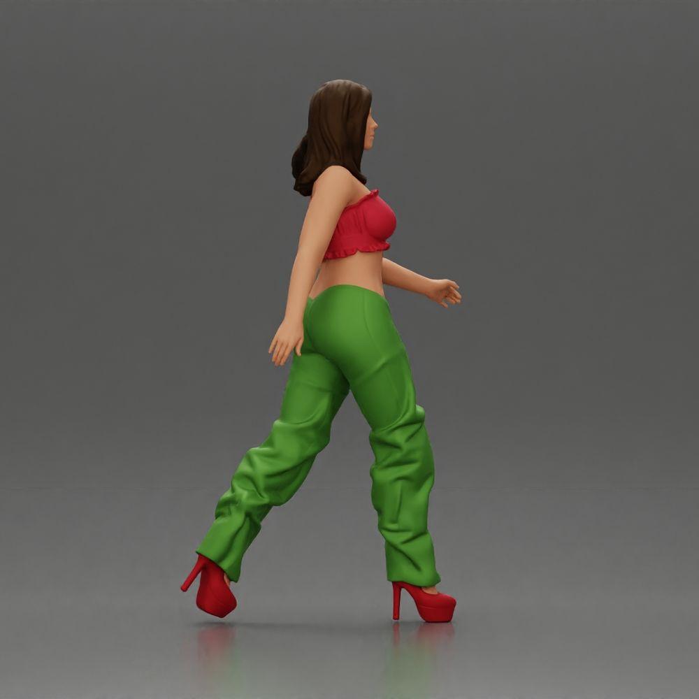 Diorama modélisme photo produit 1 : Figurine diorama : Miniature figurine femme en pose de marche, vert-rouge, top court, pantalon large, escarpins (Ref Nr. A141)