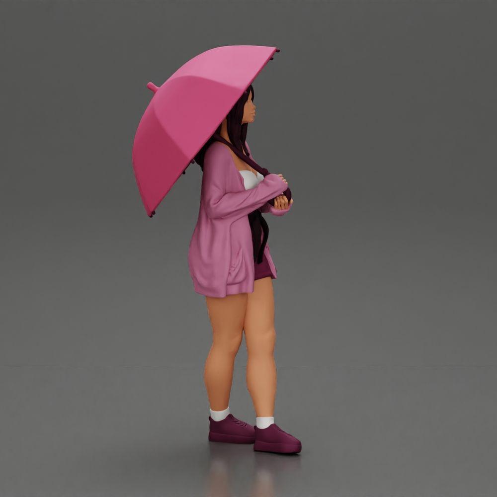 Diorama modélisme photo produit 1 : Figurine diorama féminine en cardigan ouvert et shorts avec parapluie (Ref Nr. A92)