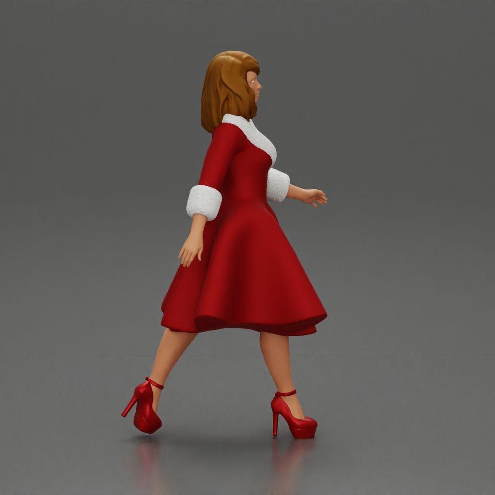 Diorama Modélisme Photo de produit 1 : Figurine de diorama : Miniature femme en robe rouge avec garniture en fourrure en pose de marche - Diorama (Ref Nr. A117)