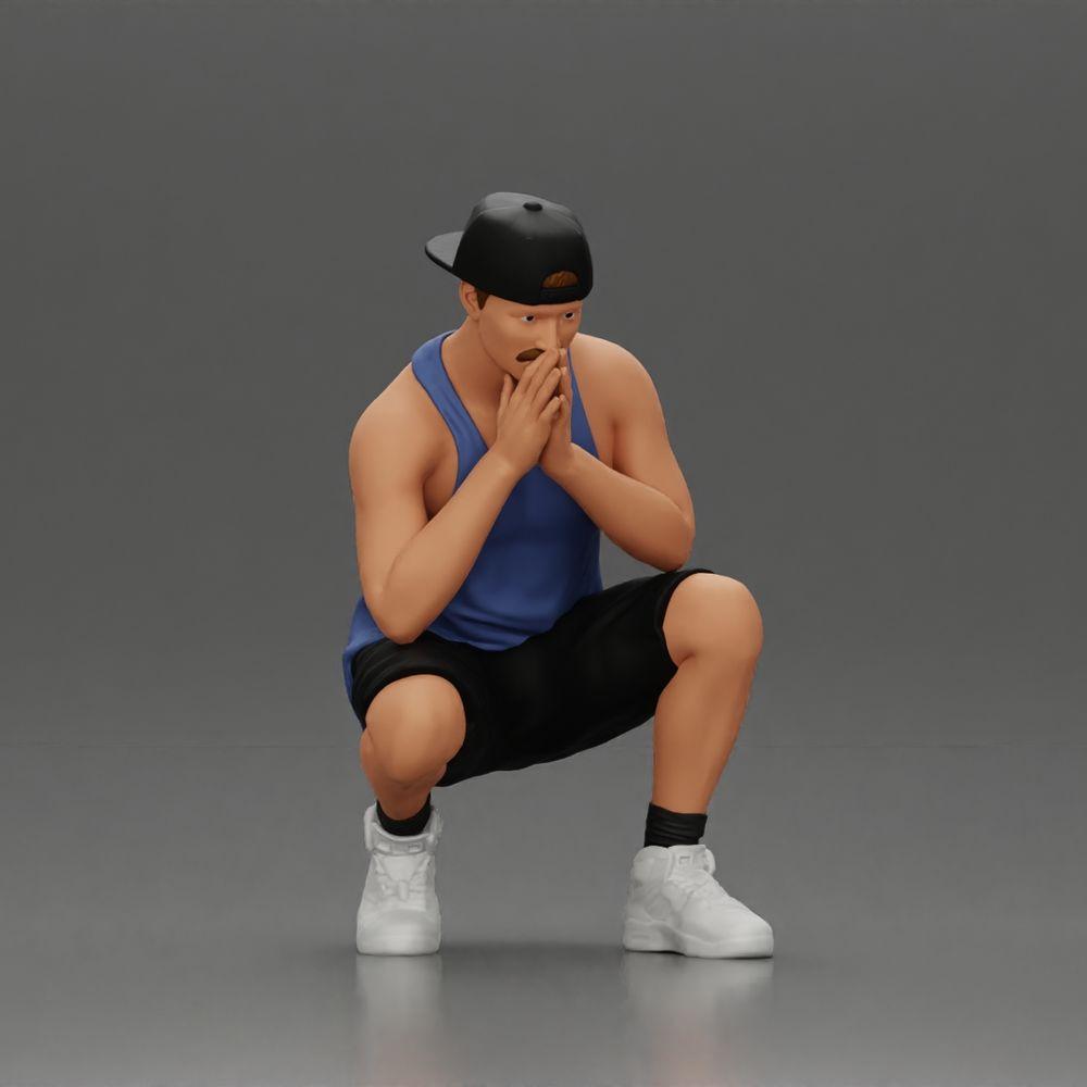 Diorama modélisme photo produit 1 : Miniature diorama : Homme pensif assis avec une casquette, un short et des baskets (Ref Nr. A77)