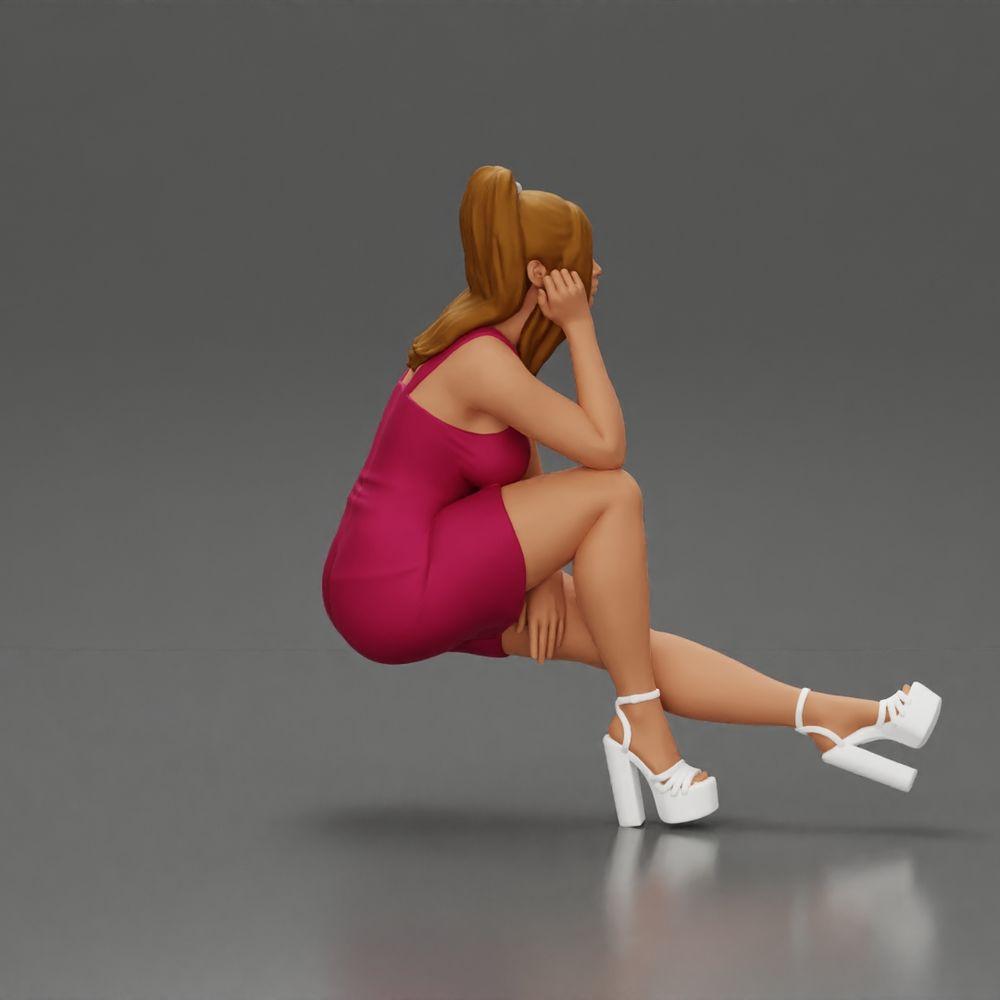 Diorama modélisme photo produit 2 : Figurine diorama : Miniature diorama femme assise en robe rose, main sur joue, chaussures à plateforme (Ref Nr. A131)