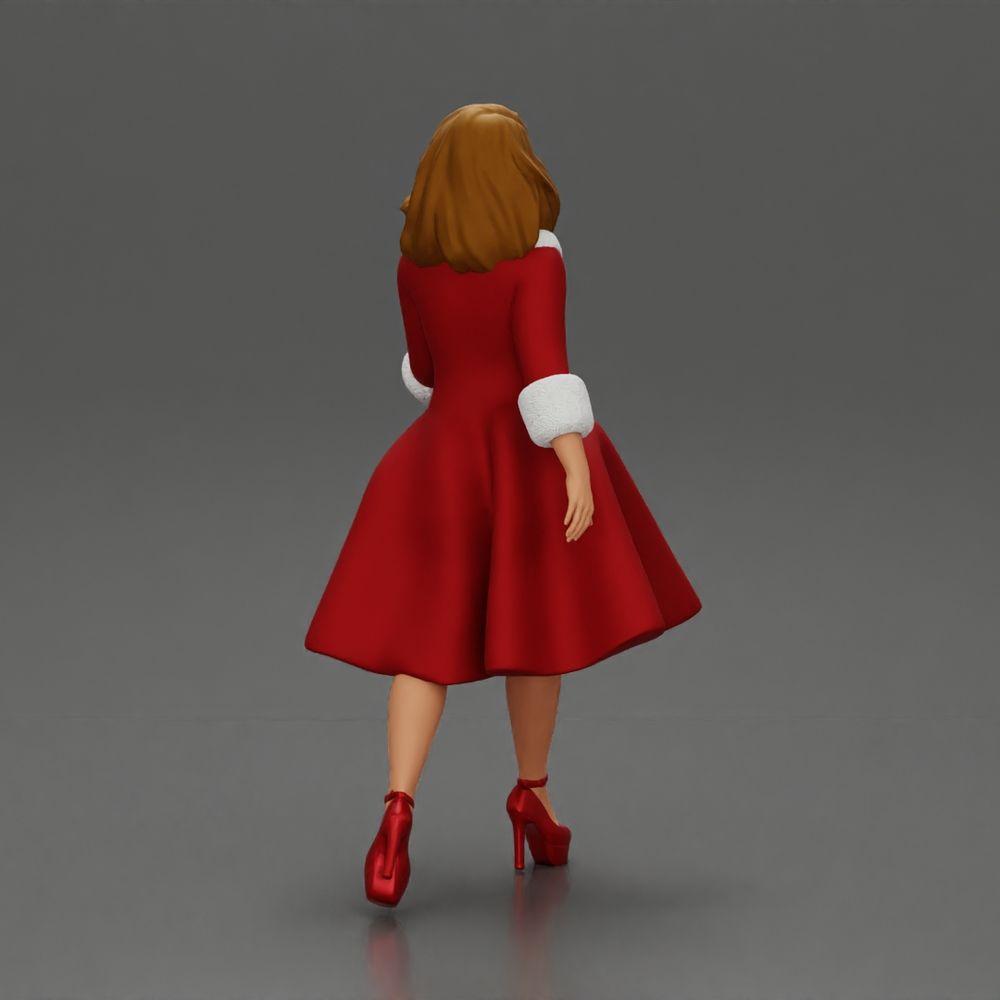 Diorama modélisme photo de produit 2 : Figurine de diorama : Figurine miniature femme en robe rouge avec garniture en fourrure en pose de marche - Diorama (Ref Nr. A117)