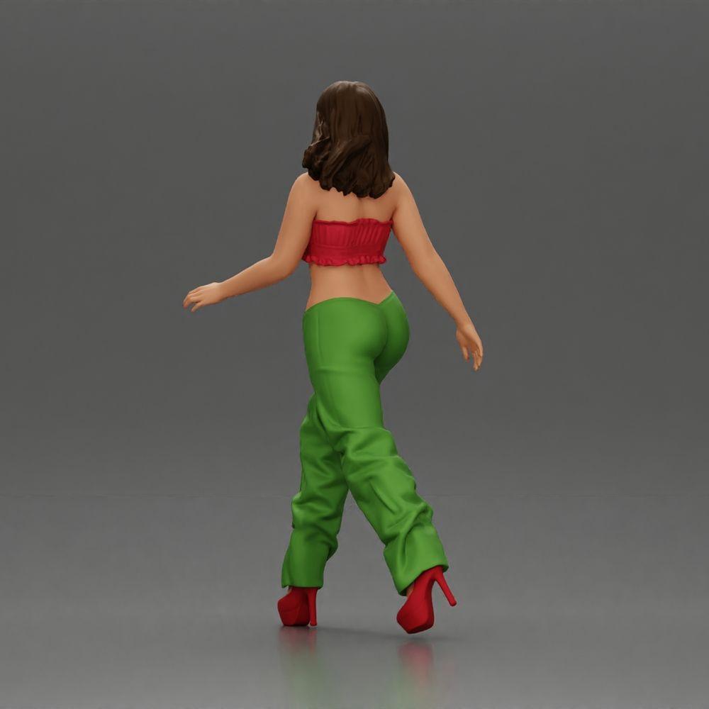 Diorama Modélisme Photo de produit 3 : Figurine de diorama : Figurine miniature femme en pose de marche, vert-rouge, top court, pantalon large, escarpins (Ref Nr. A141)