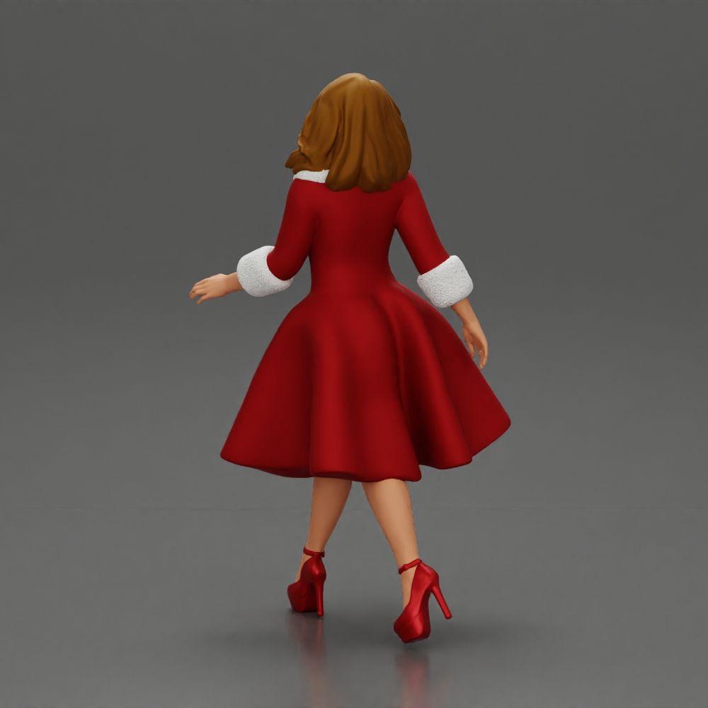 Diorama Modélisme Photo Produit 3 : Figurine Diorama : Figurine Miniature Femme en Robe Rouge avec Garniture en Fourrure en Pose de Marche - Diorama (Ref Nr. A117)