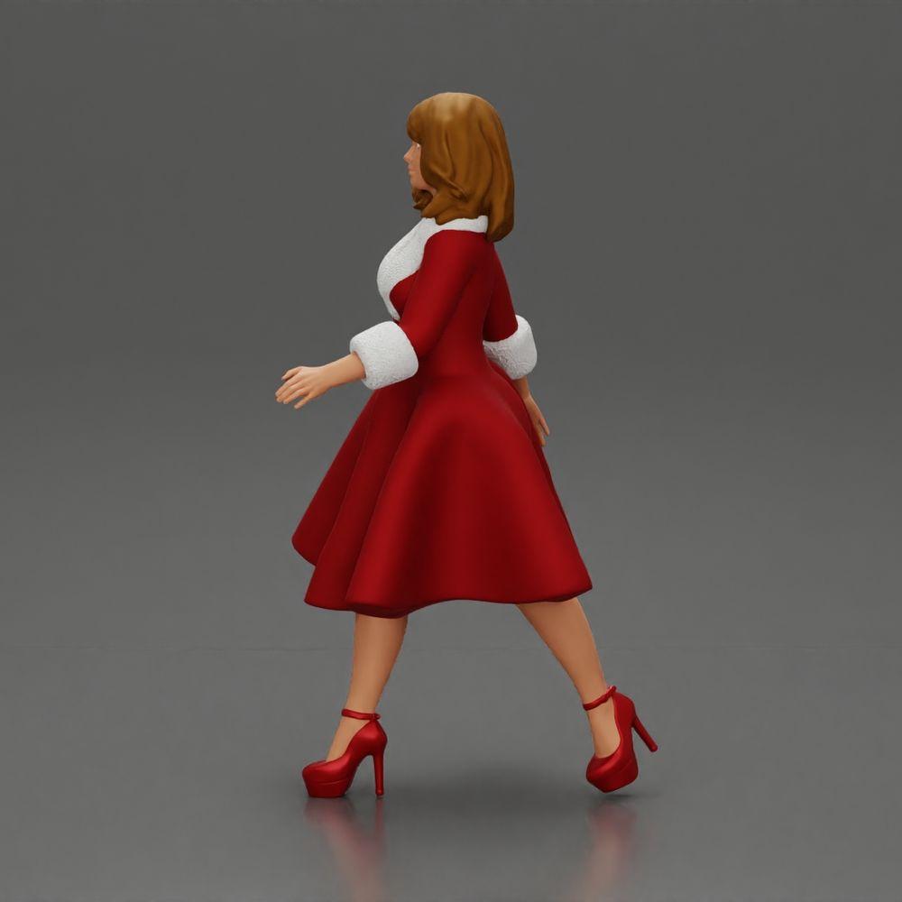 Diorama Modélisme Photo Produit 4 : Figurine Diorama : Miniature Femme en Robe Rouge avec Garniture en Fourrure en Pose de Marche - Diorama (Ref Nr. A117)