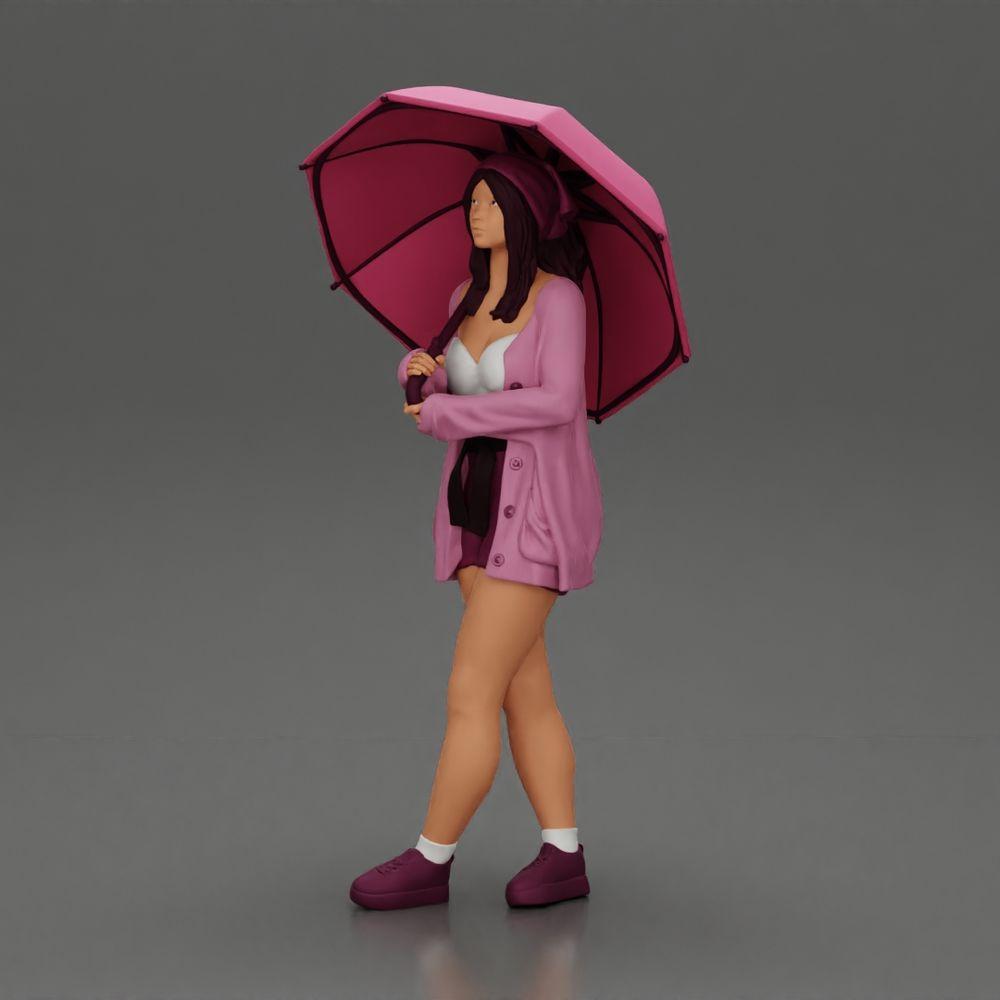 Diorama modélisme photo de produit 5 : Figurine diorama féminine en cardigan ouvert et shorts avec parapluie (Ref Nr. A92)