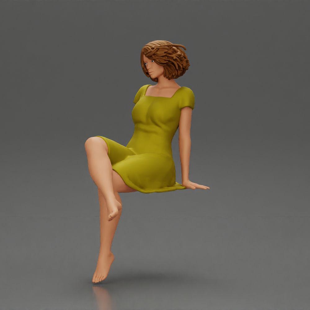 Diorama modélisme photo produit 5 : Figurine miniature de diorama : Femme assise en robe, pieds nus, cheveux courts au vent (Ref Nr. A95)