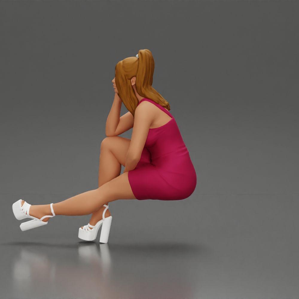 Diorama Modélisme Photo Produit 5 : Figurine Diorama : Miniature Diorama femme assise en robe rose, main sur la joue, chaussures à plateforme (Ref Nr. A131)