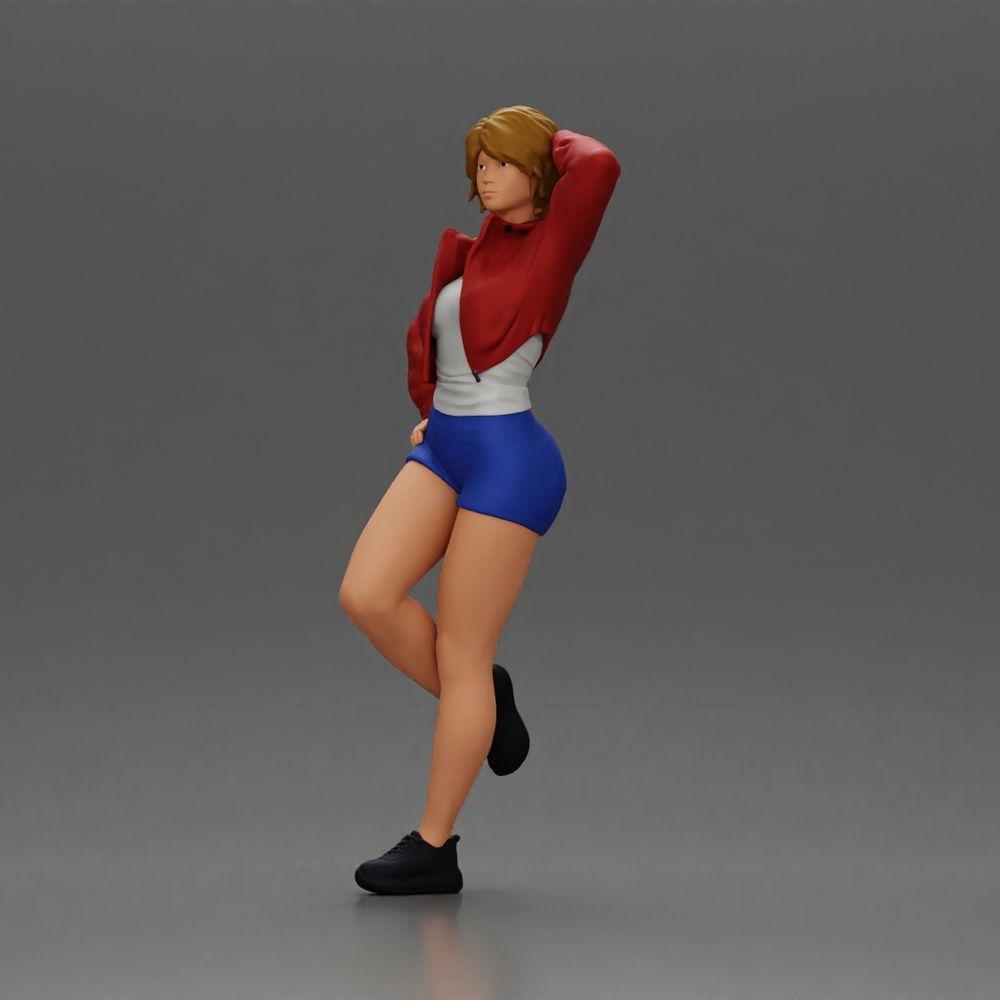 Diorama modélisme photo produit 5 : Miniature féminine avec cheveux courts, veste et shorts, adossée à une voiture (Ref Nr. A67)