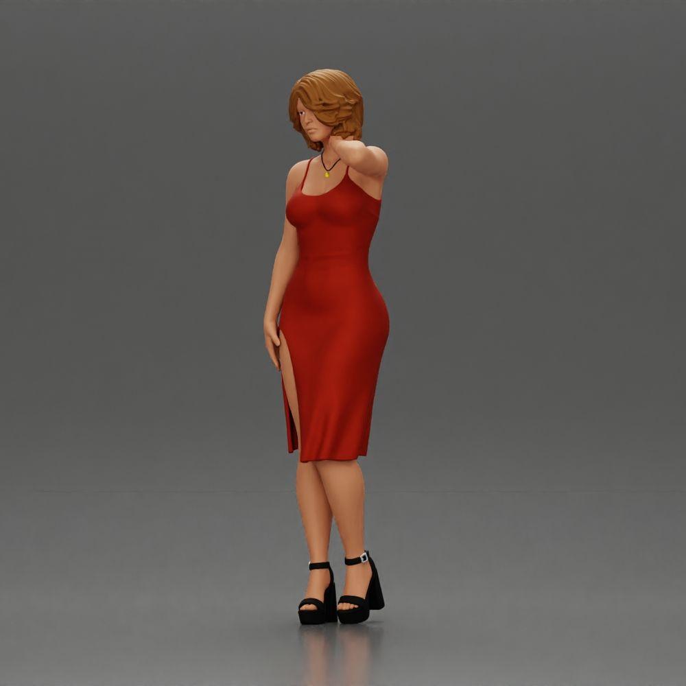 Diorama modélisme photo produit 5 : Figurine diorama féminine en mini-robe, cheveux courts, main sur le cou, collier (Ref Nr. A99)