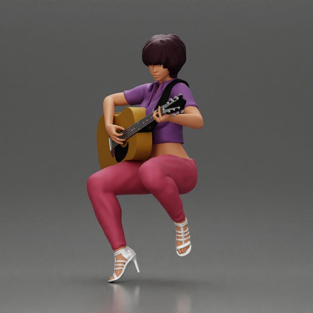 Diorama modélisme photo de produit 5 : Miniature : Femme à cheveux courts jouant de la guitare acoustique avec collier, sandales à lanières (Ref Nr. A128)