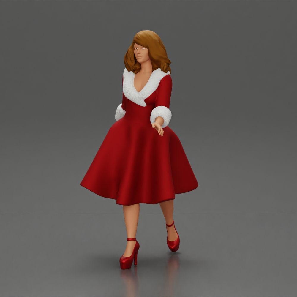 Diorama modélisme photo produit 5 : Figurine diorama : Miniature femme en robe rouge avec garniture en fourrure en pose marchante - Diorama (Ref Nr. A117)