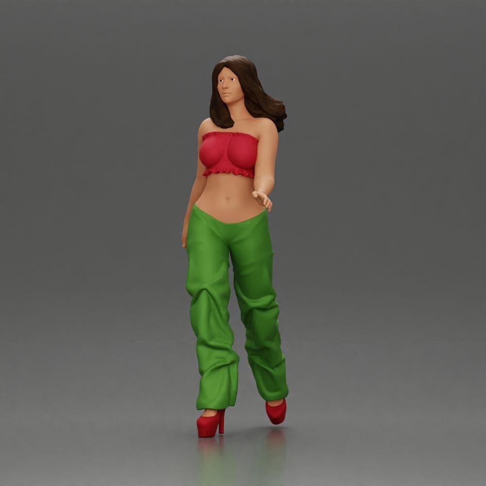 Diorama modélisme photo produit 5 : Figurine diorama : Figurine miniature femme en pose de marche, vert-rouge, top court, pantalon large, escarpins (Ref Nr. A141)