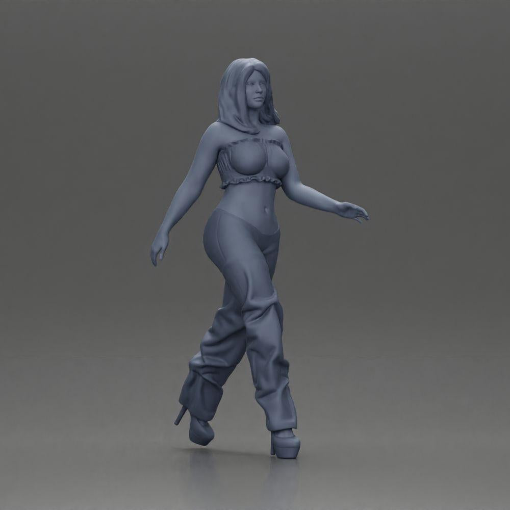 Diorama modélisme photo produit 6 : Figurine de diorama : Miniature figurine femme en pose de marche, vert-rouge, top court, pantalon large, escarpins (Ref Nr. A141)