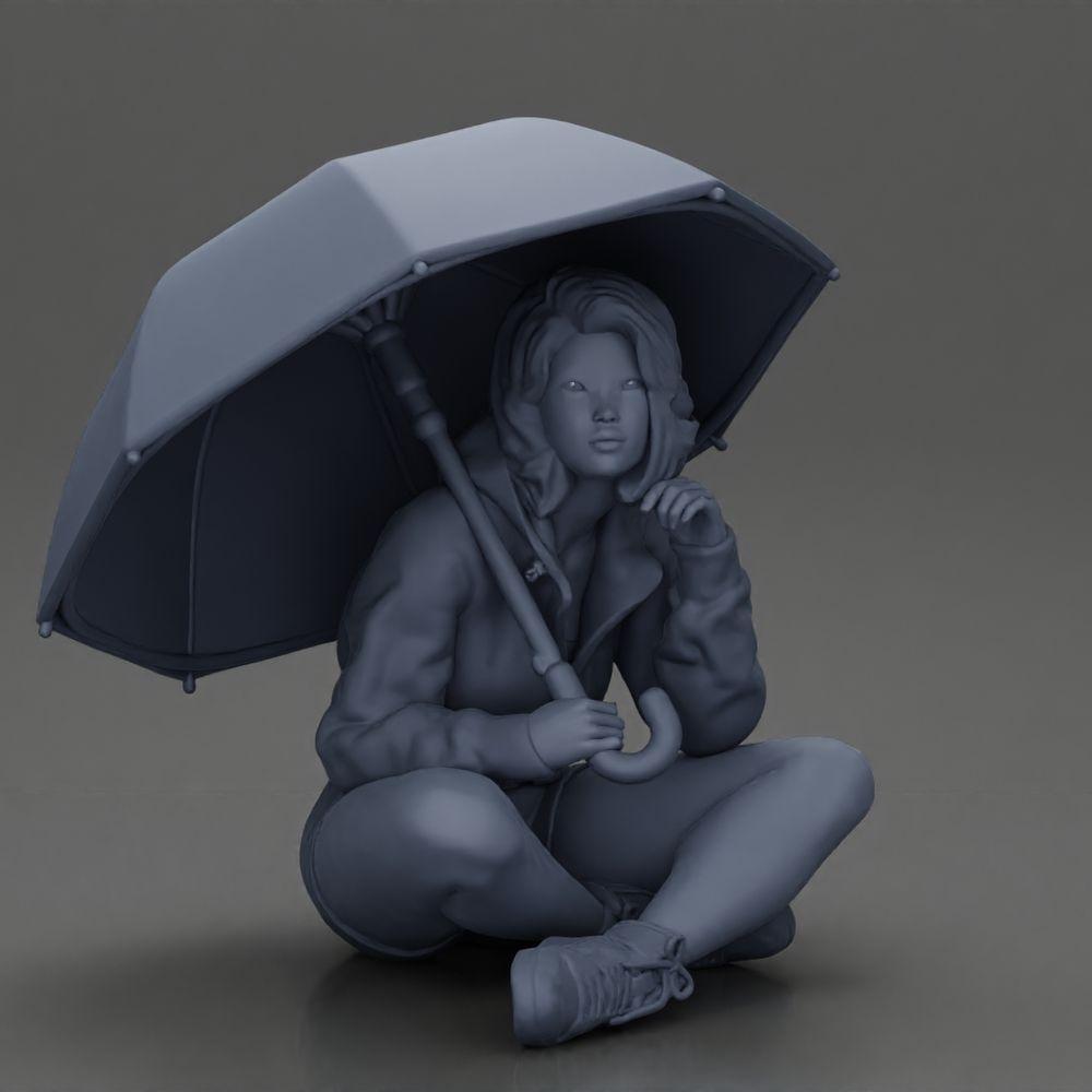 Diorama modélisme photo produit 6 : Miniature diorama : Femme assise en veste et short avec parapluie ouvert (Ref Nr. A85)