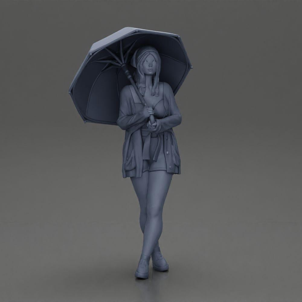 Diorama modélisme photo produit 6 : Figurine diorama féminine en cardigan ouvert et shorts avec parapluie (Réf n° A92)