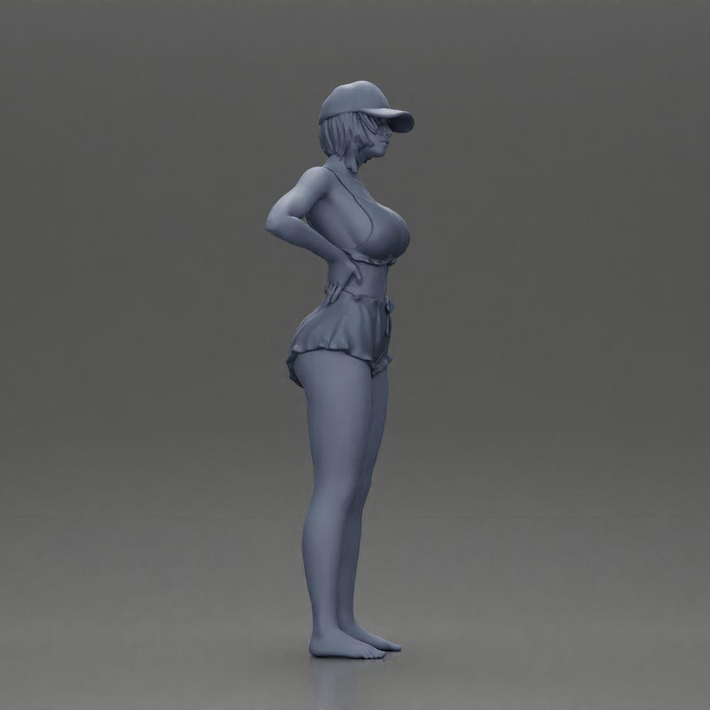 Diorama modélisme photo produit 7 : Figurine diorama : Figurine miniature debout en tenue d'été avec casquette, shorts, pieds nus sur la plage (Ref Nr. A108)
