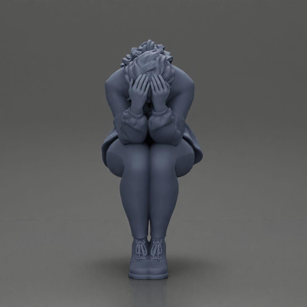 Diorama modélisme photo produit 7 : Figurine : fille triste avec manches bouffantes, assise, visage dans les mains (Ref Nr. A88)