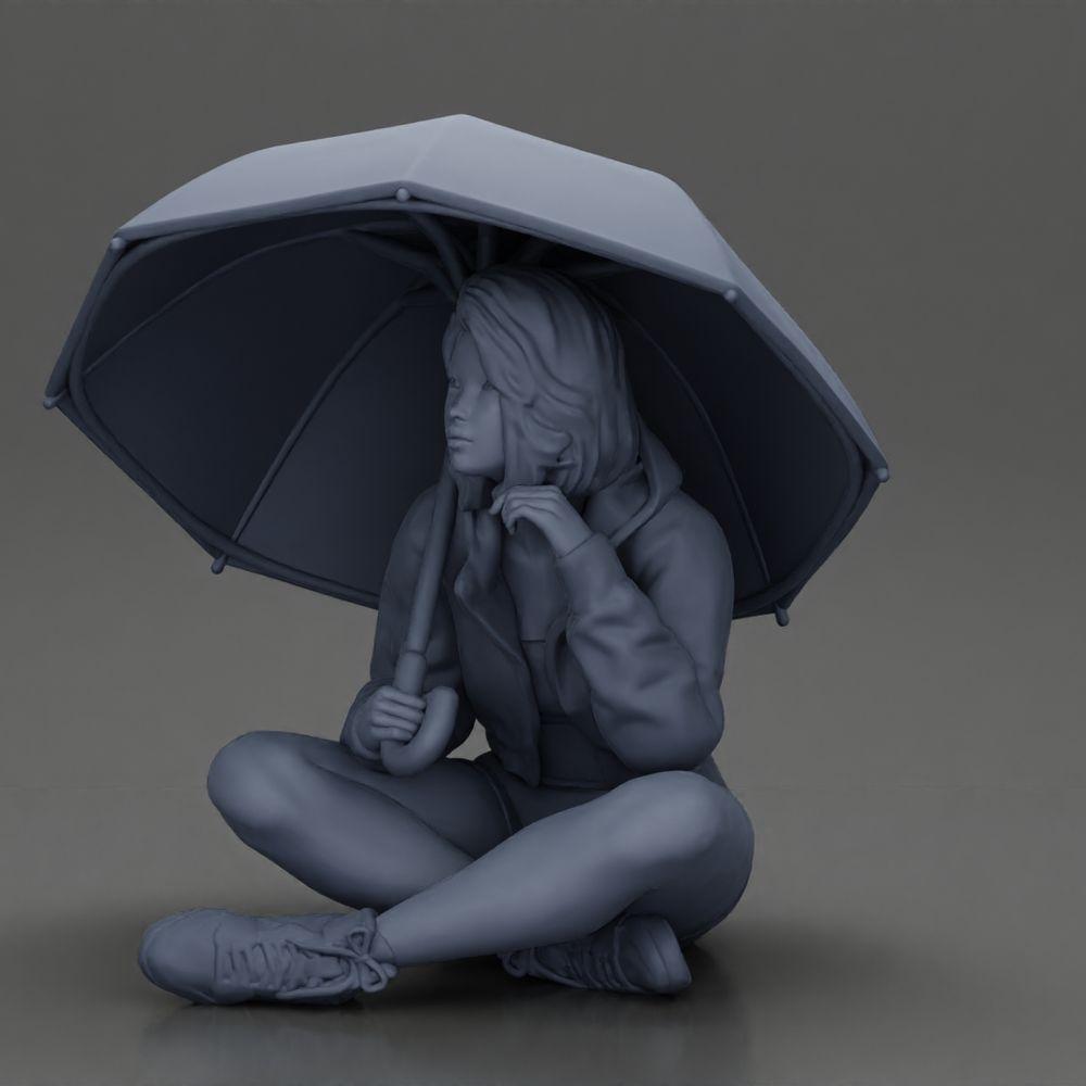 Diorama Modélisme Photo de produit 11 : Miniature de diorama : Femme assise en veste et short avec un parapluie ouvert (Ref Nr. A85)