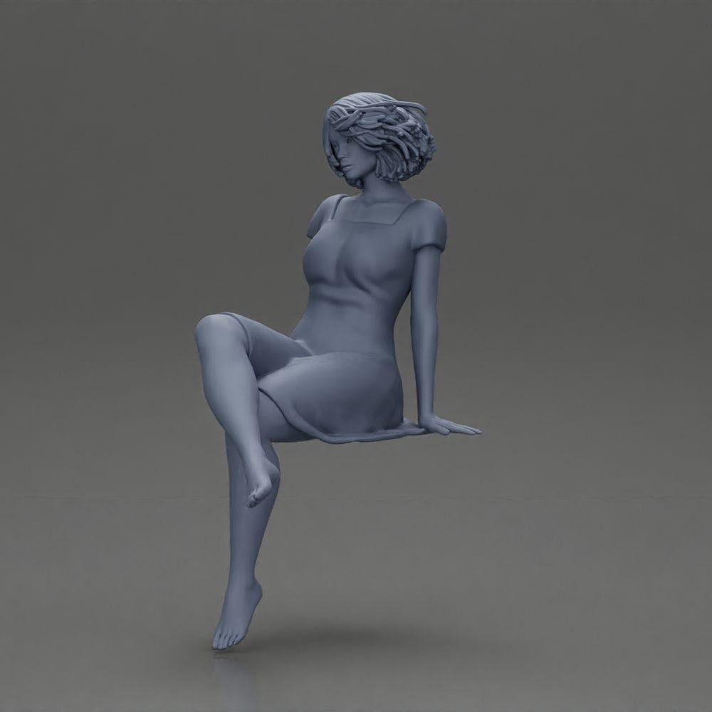 Diorama Modélisme Photo de Produit 11 : Figurine Miniature : Femme Assise en Robe, Pieds Nus, Cheveux Courts au Vent (Ref Nr. A95)