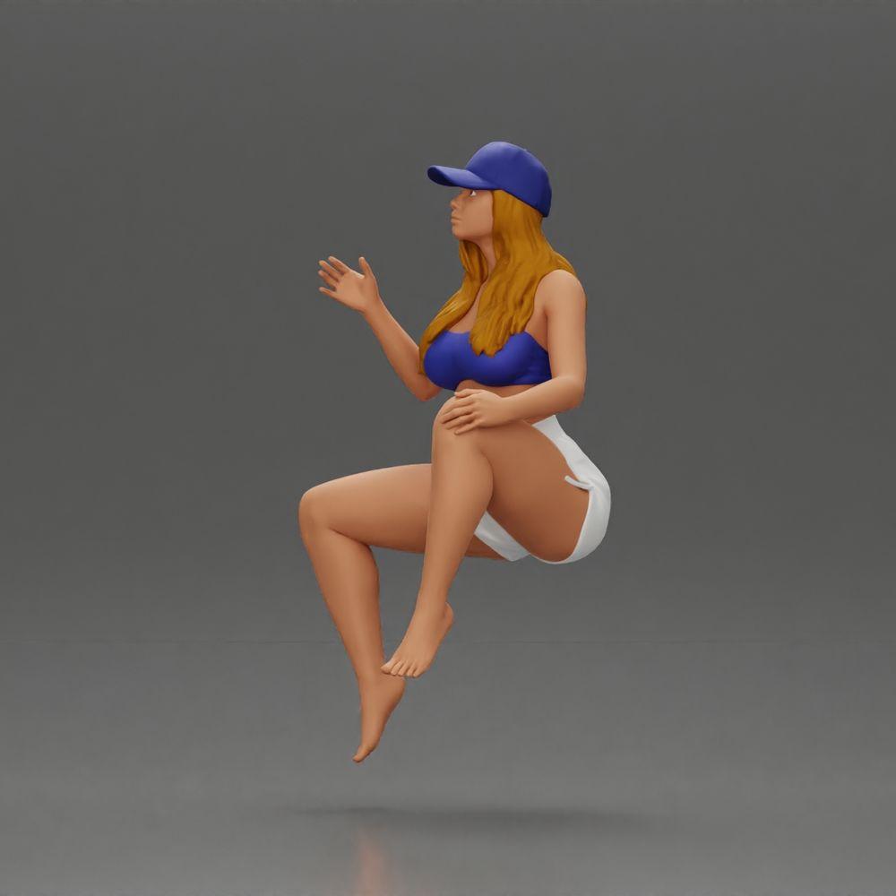 Diorama modélisme photo produit 4 : Figurine diorama : Miniature féminine assise, haut bleu et shorts, casquette, pieds nus - pose détendue (Ref Nr. A133)