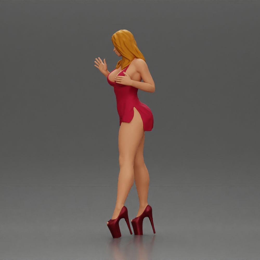 Diorama modélisme photo produit 4 : Figurine femme diorama : Femme élégante debout en robe rouge avec des chaussures à plateforme (Ref Nr. A134)