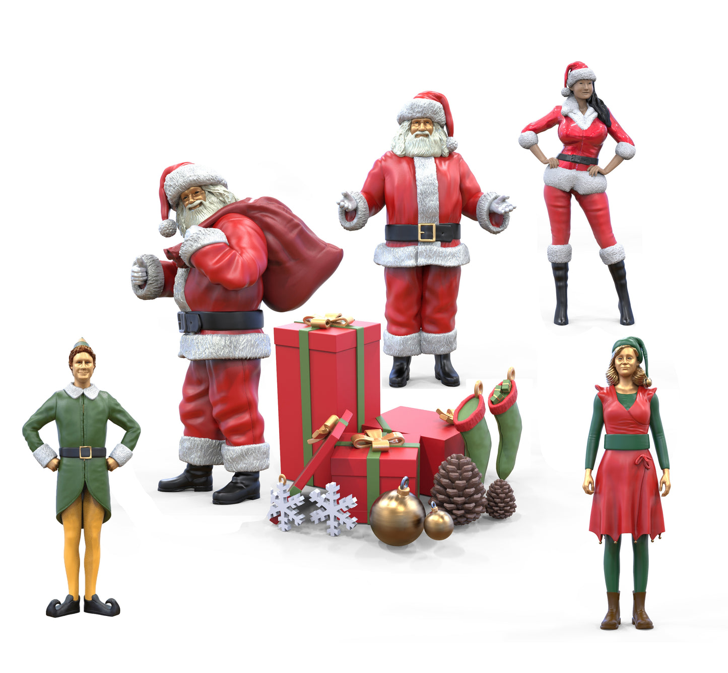 Photo du produit 0 : Ensemble de Noël, 5 figurines et 12 cadeaux, Père Noël et lutins : Thème Noël