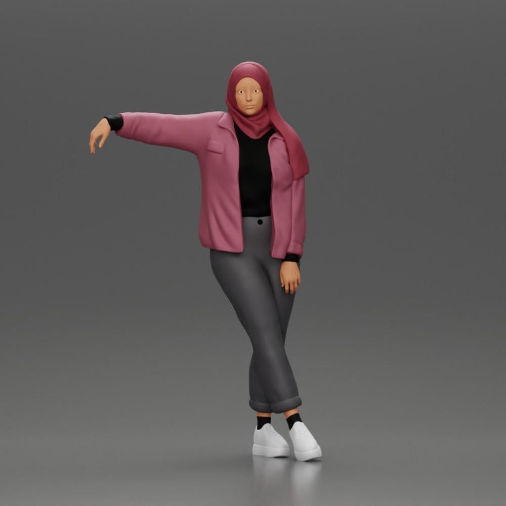 Diorama modélisme photo produit 0 : Figurine de diorama femme avec foulard et veste, appuyée sur une voiture, bras tendu (Réf n° A59)