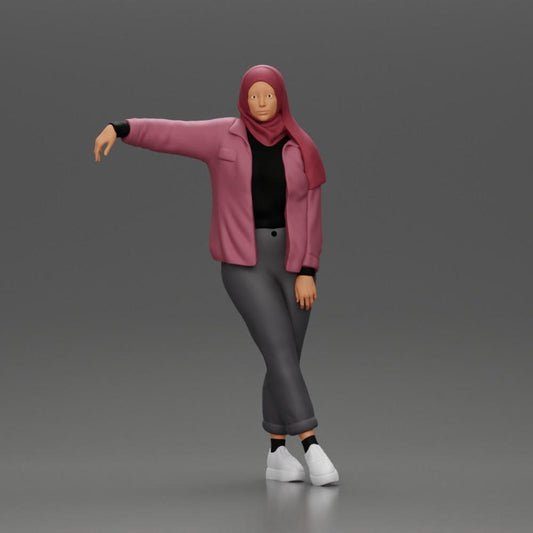 Diorama modélisme photo produit 0 : Figurine de diorama femme avec foulard et veste, appuyée sur une voiture, bras tendu (Réf n° A59)