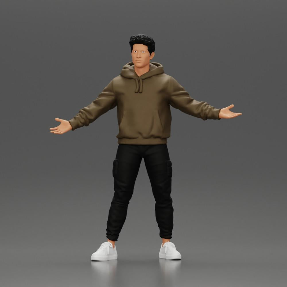 Diorama modélisme photo de produit 0 : Figurine miniature homme asiatique en sweat à capuche, bras levés sur les côtés (Ref Nr. A60)