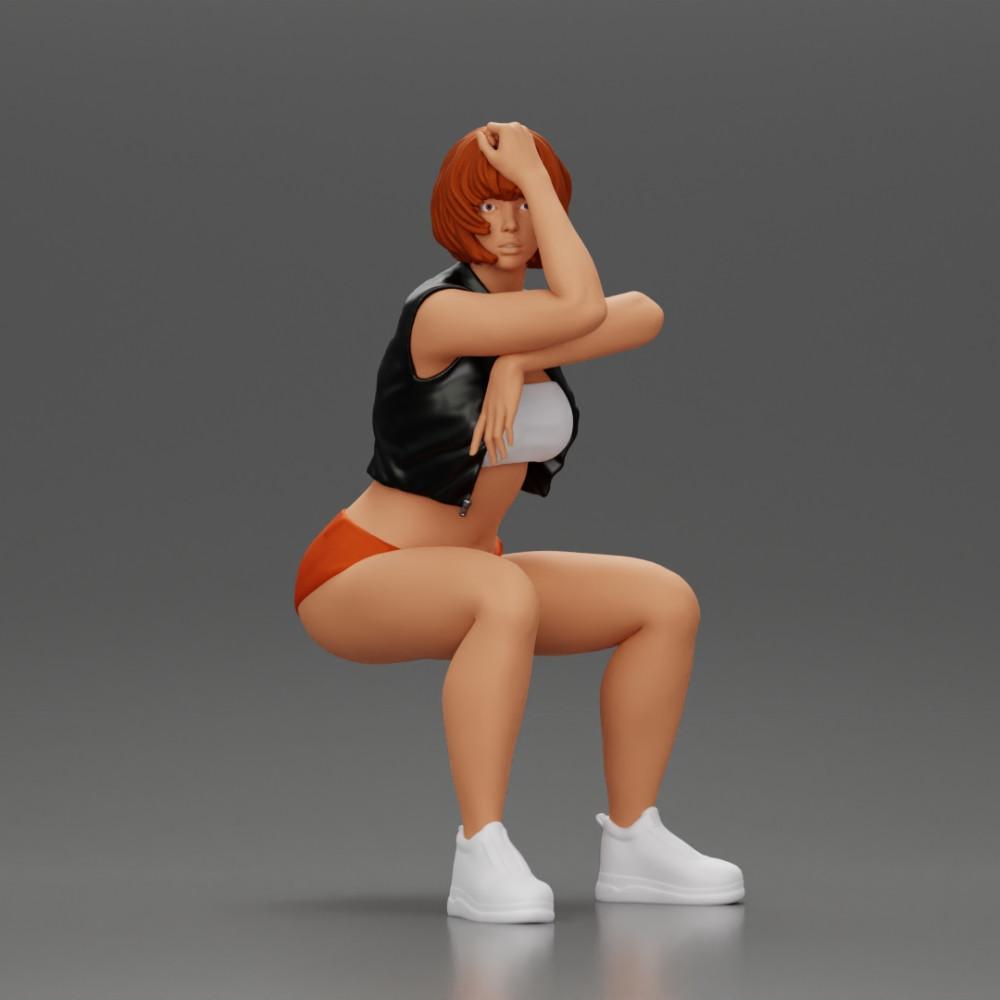 Diorama modélisme photo produit 0: Figurine miniature assise: Femme en veste en cuir courte, top, shorts et baskets (Ref Nr. A61)