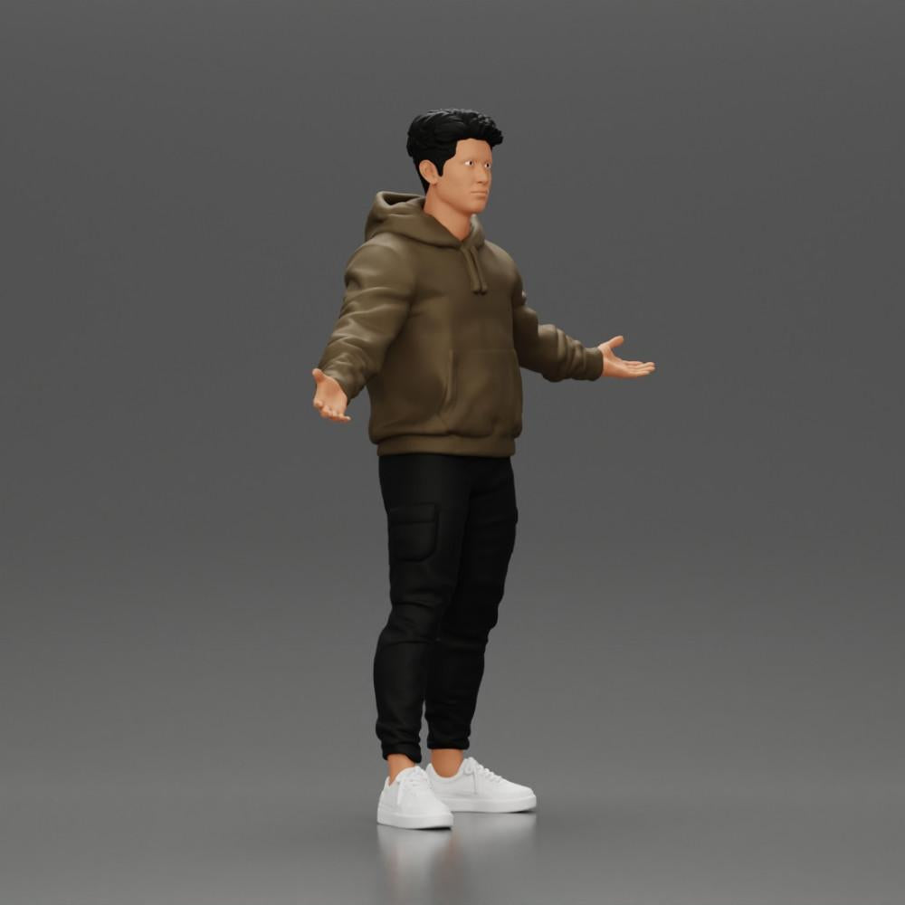 Diorama modélisme photo produit 1 : Figurine miniature homme asiatique en sweat à capuche, bras levés sur les côtés (Ref Nr. A60)