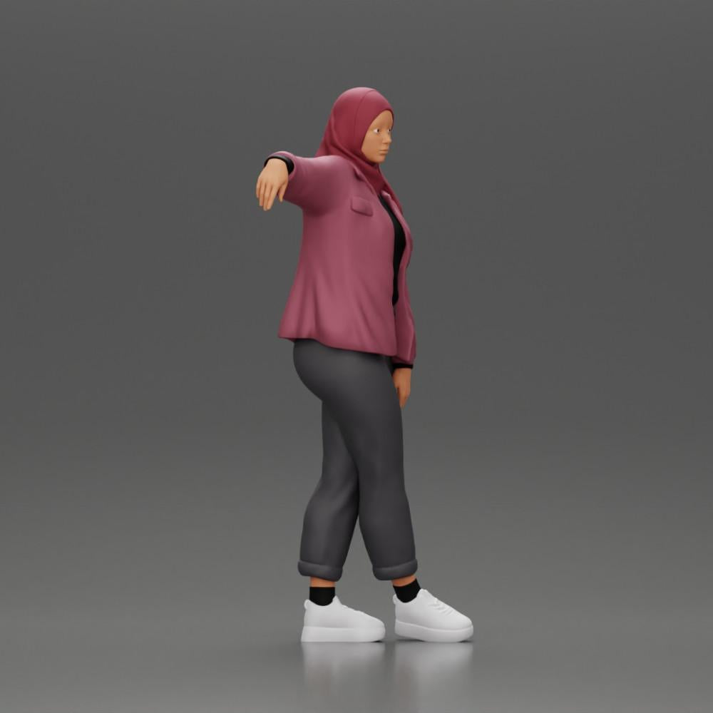 Diorama Modélisme Photo de produit 1 : Figurine de diorama femme avec foulard et veste, appuyée contre une voiture, bras tendu (Ref Nr. A59)