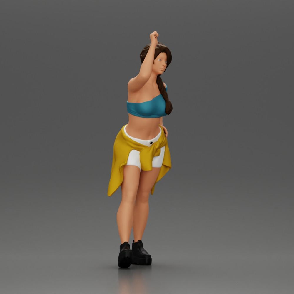 Diorama modélisme photo produit 1 : Figurine miniature : Fille en top et shorts, chemise nouée autour des hanches, bras levé (Ref Nr. A56)