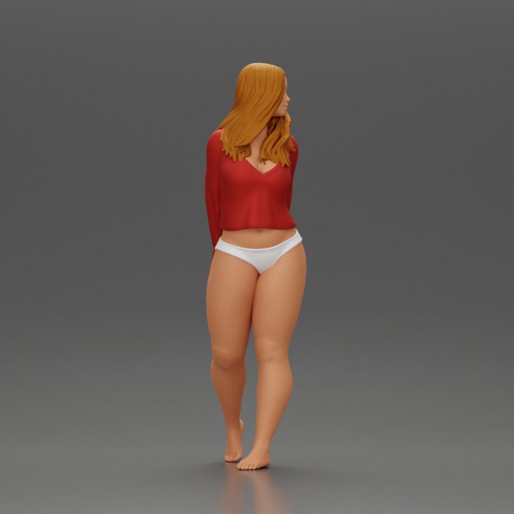 Diorama modélisme photo produit 2 : Figurine miniature féminine pour diorama, bikini et t-shirt à manches longues, mains derrière (Ref Nr. A53)