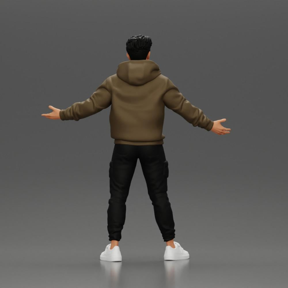 Diorama modélisme photo produit 3 : Figurine miniature homme asiatique en sweat à capuche, bras levés sur les côtés (Ref Nr. A60)
