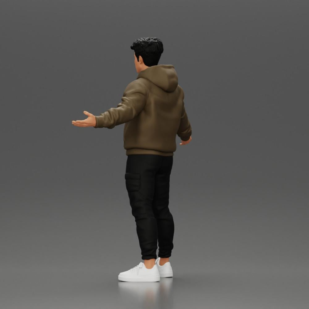 Diorama modélisme photo produit 4 : Figurine miniature homme asiatique en sweat à capuche, bras levés sur les côtés (Ref Nr. A60)