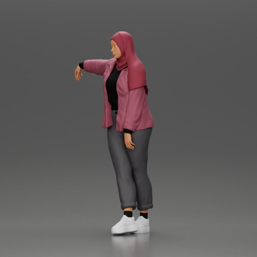 Diorama modélisme photo produit 5 : Figurine de diorama femme avec foulard et veste, appuyée contre la voiture, bras tendu (Ref Nr. A59)