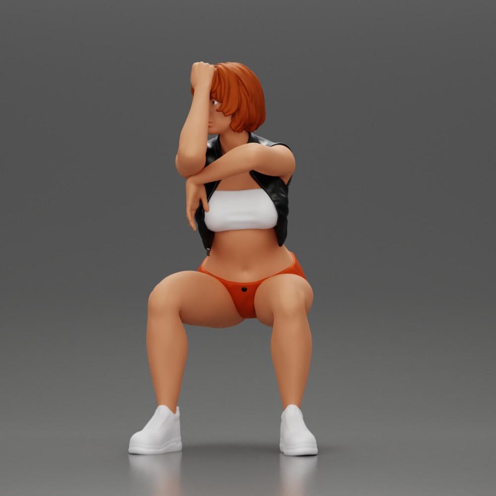 Diorama modélisme photo de produit 5 : Figurine miniature assise : Femme en veste en cuir courte, top, shorts et baskets (Ref Nr. A61)