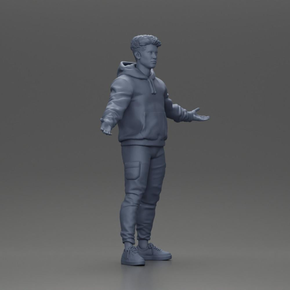 Diorama modélisme photo de produit 7 : Figurine miniature homme asiatique en sweat à capuche, bras levés sur les côtés (Ref Nr. A60)