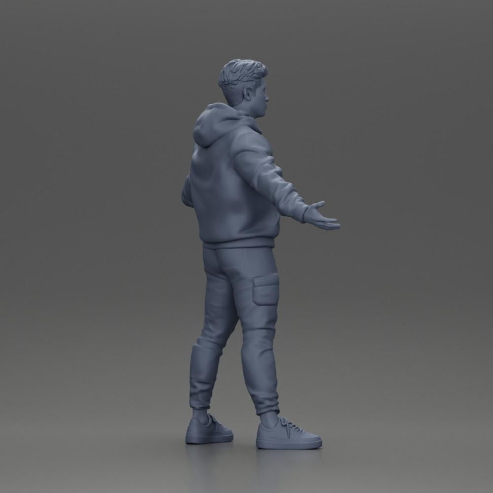 Diorama modélisme photo de produit 8 : Figurine miniature homme asiatique en sweat à capuche, bras levés sur les côtés (Ref Nr. A60)